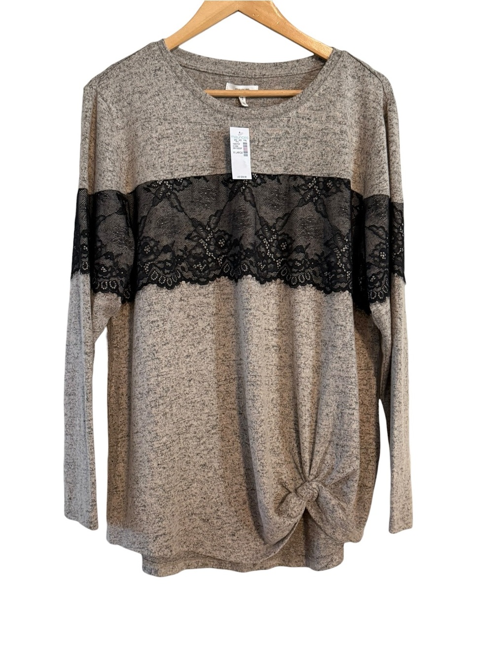 NEW Maurices Knotted Long Sleeve Top Black Lace Size XL